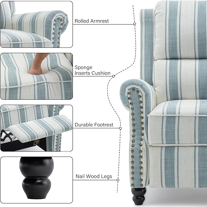 Recliner Chair, Modern Pushback Armchair with Adjustable Backrest & Footrest for Bedroom, Living Room, Blue Stripe,Set of 2