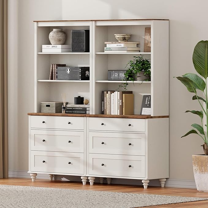 3 Tier Bookshelf with 3 Drawers, 72" Tall Bookcase Large Farmhouse Display Book Case Shelf with 3-Tier Open Book Shelfs,Library Wood Bookshelves for Living Room & Kitchen & Bedroom, Off White, 2 PCS