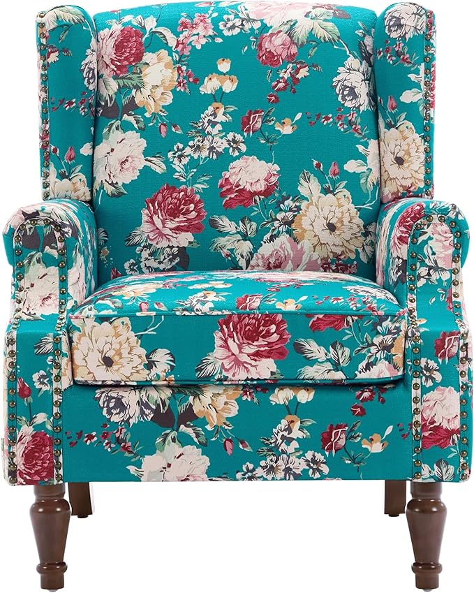 UIXE High Back Floral Accent Chairs Set of 2, Upholstered Armchair in Fabric, Retro Printed Wingback Arm Chair for Living Room, Nailhead Trim Single Sofa Bedroom Reading Seat - Peacock Blue
