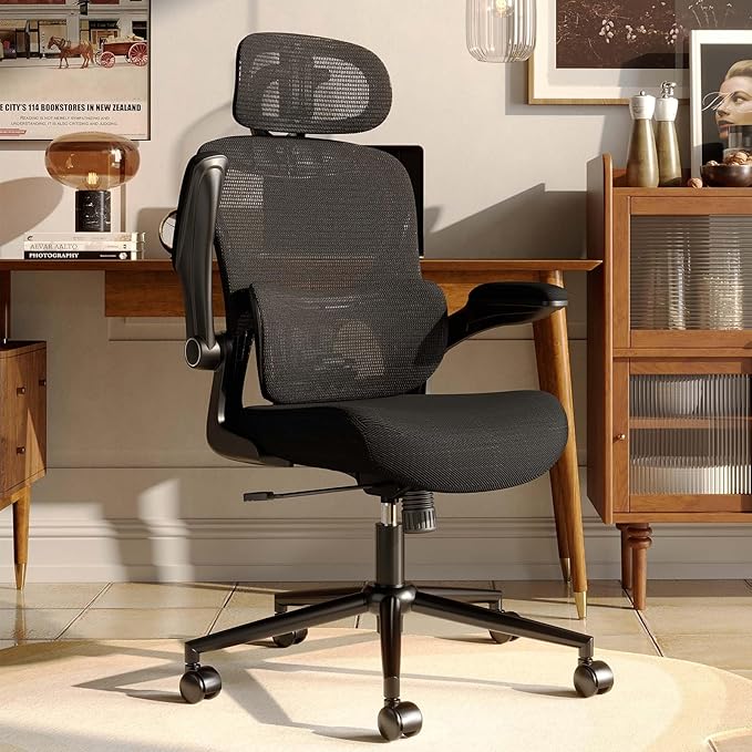 SUNNOW Ergonomic Office Chair, Comfy Mesh Desk Chair, High Back Computer Gaming Chairs with Adjustable Lumbar Support, Flip-Up Arms, Headrest, Tilt Function, Wide Cushion, Swivel Wheel, BIFMA Quality