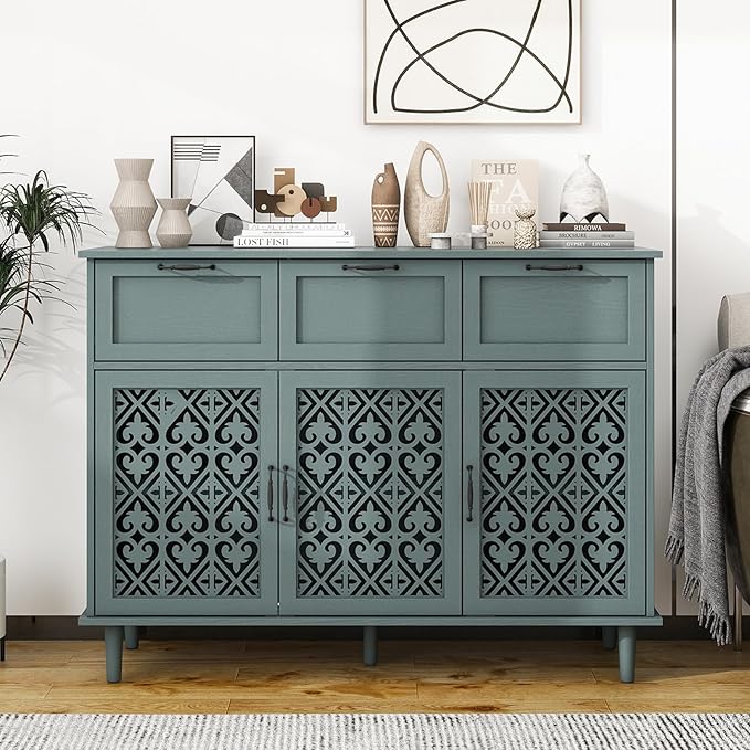 Sideboard Buffet Cabinet with Storage - Accent Storage Cabinet with Carved Pattern, Modern 3 Door 3 Drawer Cabinet, Farmhouse Wood Credenza for Living Room, Dining Room (Green)