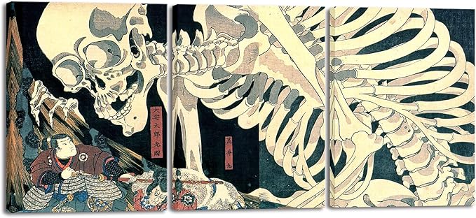 Wieco Art 3 Piece Witch and Skeleton Ukiyo-E by Utagawa Takiyasha Historic Cultural Illustrations for Living Room Bedroom Home Decorations Landscape Artwork