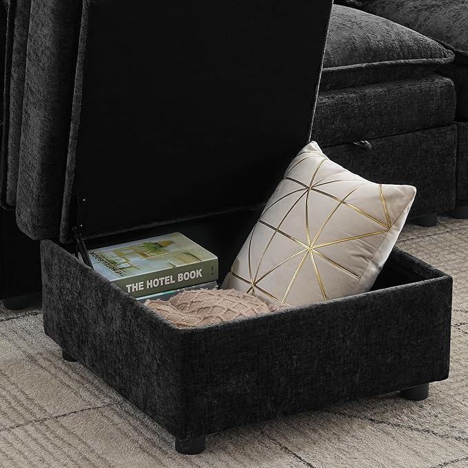 27" Large Square Ottoman with Storage, Modern Upholstered Footrest with Anti-Slip Legs for Couch Coffee Table Living Room, Bedroom, Entryway, Chenille Black
