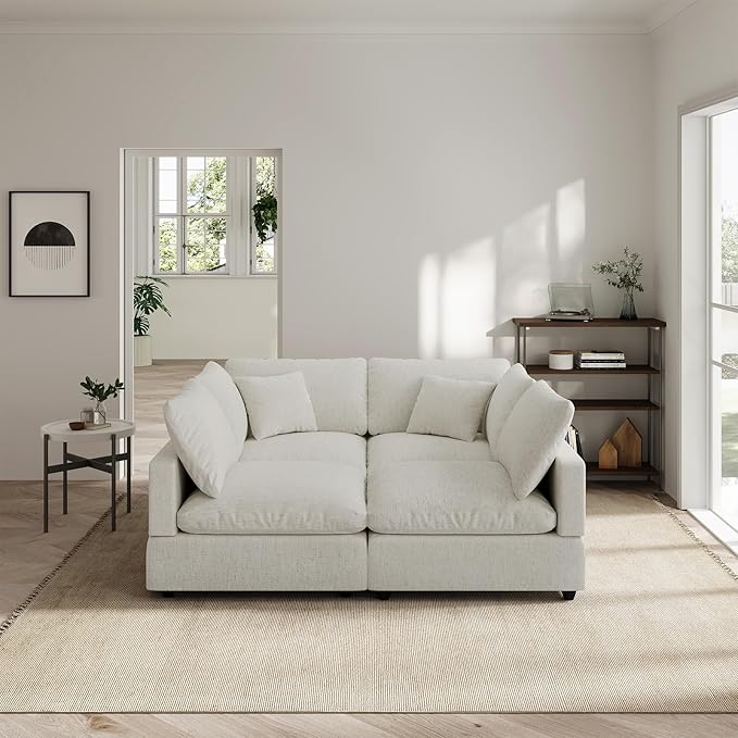 Linen Sleeper Sofa Bed,Modern Sectional Sofa Couch for Living Room,67 Inch Cloud Couches Cushion Covers Removable,Cozy Feather Down Sofa for Apartment Cream White