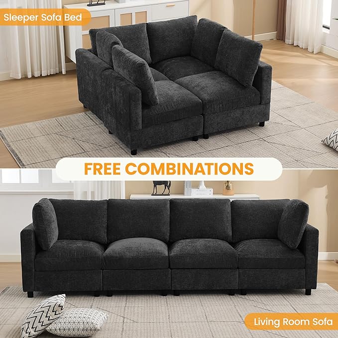 4-Seater Modular Sectional Cloud Sofa, Straight-Line Couches for Living Room, Modern Upholstered Deep Seat Sofa, Chenille Dark Grey