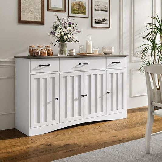 Gizoon Sideboard Buffet Cabinet with Storage, Modern Kitchen Sideboard and Coffee Bar with Drawers and Doors, Wood Buffet Table for Dining Room, 15.2" D x 55.1" W x 31.9" H, White/Grey