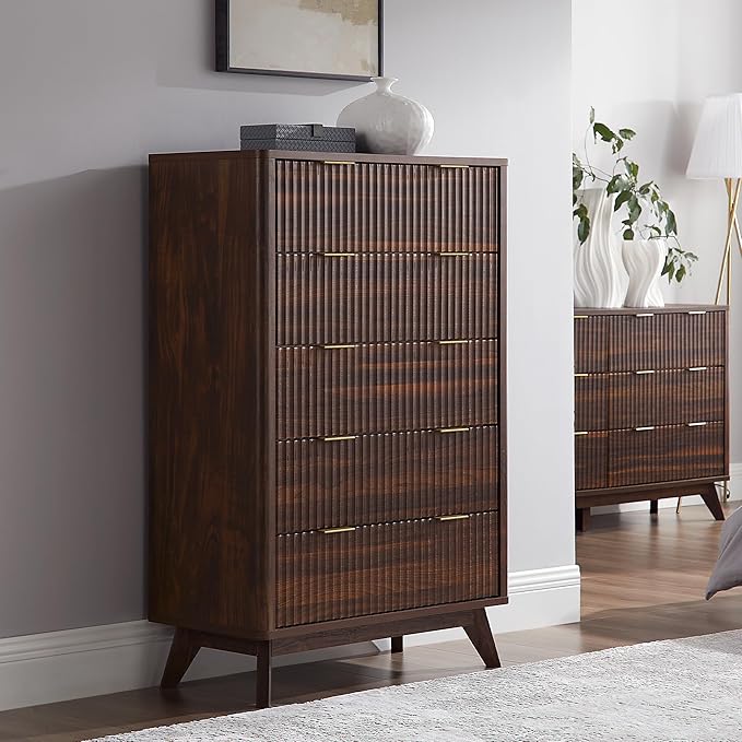 T4TREAM Fluted 5 Drawers Dresser, 48" Tall Modern Chest of Drawers, Curved Profile Design, Wood Drawer Organizer for Bedroom, Living Room, Hallway, Entryway, Dark Walnut