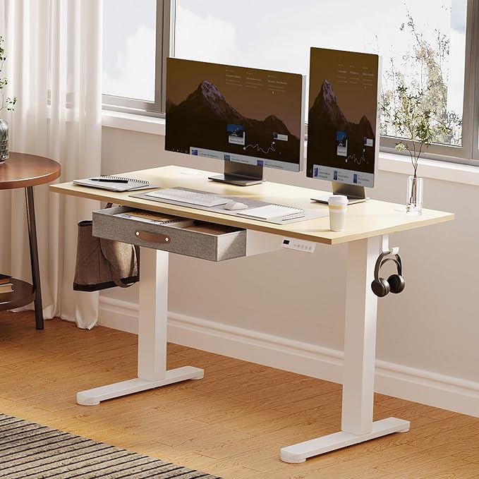 Seang Standing Desk with Drawer, 48" x 24" Height Adjustable Stand Up Desk, 3 Memory Height Settings with Cable Grommets & Storage Hooks, Ideal for Home & Office, Nature