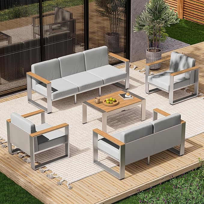 Outdoor Patio Furniture Set, 7 Seats Outdoor Patio Conversation Sets with Ergonomic Seat and Wide Washable Thick Cushions, Modern Patio Sectional Furniture for Balcony, Porch(Teak-Gray