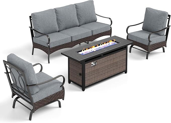 PHI VILLA Patio Furniture Set with 56" Fire Pit Table, Premium Outdoor Wicker Metal Frame Furniture with Upgraded Waterproof Thick Cushions for Porch, Poolside, Deck, and Yard (4 Pieces,Grey