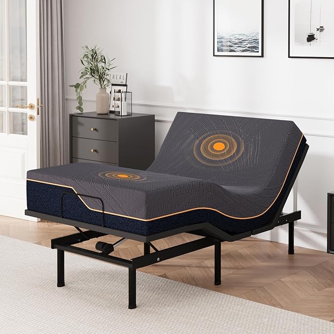 Twin XL Adjustable Bed Base Frame with Wireless Remote + 14 Inch Copper Memory Foam Mattress Bed in a Box, Head and Foot Incline & Massage, Zero Gravity, Fiberglass Free, 80" × 38"