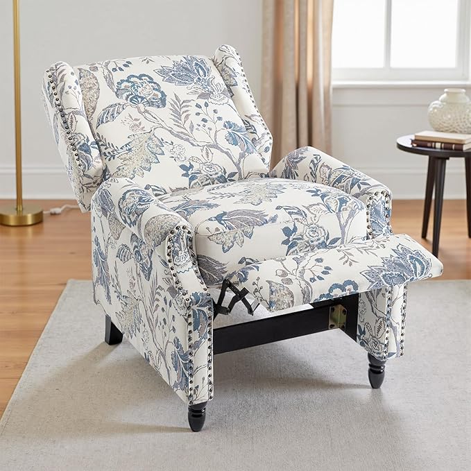 UIXE Floral Pushback Recliner Chairs Set of 2, Fabric Upholstered Armchair Push Back Accent Chair for Living Room, Rivet Trim Club Chair Home Theater Single Sofa Reading Seat - Blue Plants