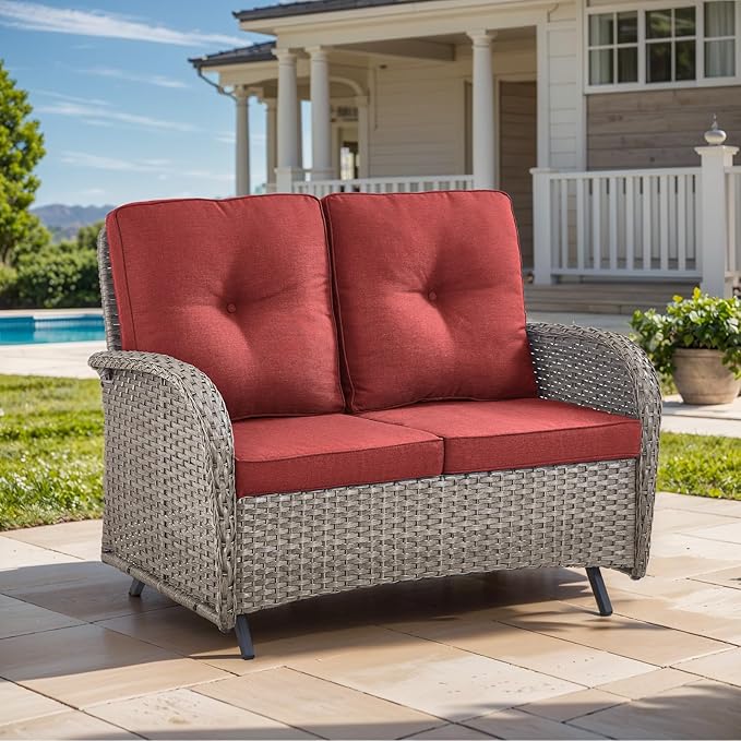 HUMMUH 2-Person Outdoor Glider Bench-All-Weather Wicker Patio Double Swing Rocking Chair Patio Loveseat for Deck Lawn Porch Balcony Poolside-Grey/Red