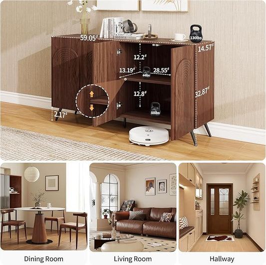 59" Sideboard Buffet Cabinet with Adjustable Shelves, Modern Storage Cabinet with Arched 3D Carved Wood Doors, Credenza Accent Cabinet for Living Room, Dining Room, Entryway,Walnut