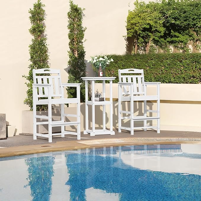 HDPE Outdoor Patio Bar Set with Bar Height Table and 2 Adirondack Chairs, All-Weather High Top Outside Round Pub Furniture for Bistro, Garden, Backyard, Deck | 3-Pieces, White