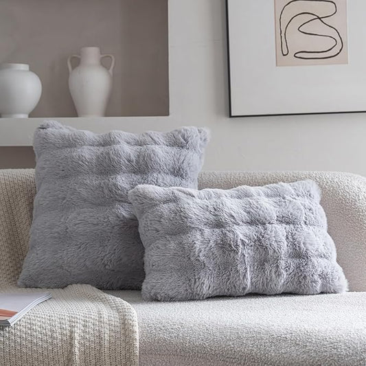 Neelvin Gray Faux Fur Cozy Soft Double-Sided Decorative Throw Pillow Covers 20x20 inch Set of 2,Velvet Pillowcase Cushion Case for Sofa Couch