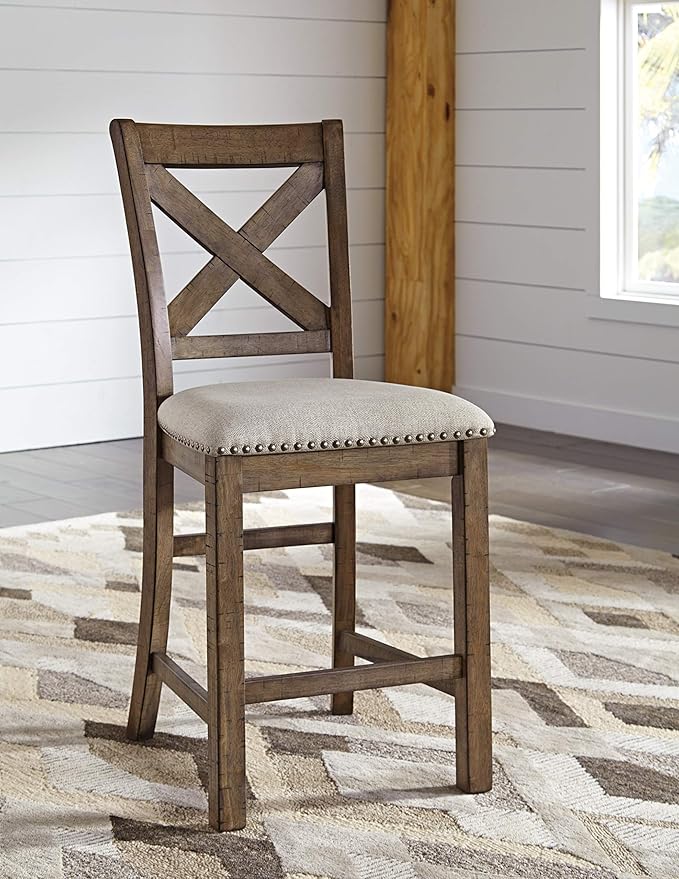 Signature Design by Ashley Moriville Rustic Farmhouse 24.5" Upholstered Barstool, 2 Count, Beige & Brown