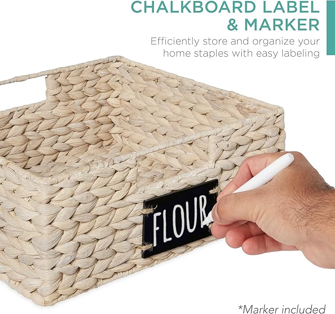 Best Choice Products Set of 4 13x12in Water Hyacinth Pantry Baskets, Woven Organizers w/Chalkboard Label, Chalk Marker - White