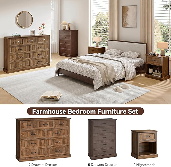 Farmhouse Dresser and Nightstand Sets, 4Pcs Bedroom Furniture Set, Nightstand Set of 2 & 55" Wide 9 Drawer and 44" Tall 5 Drawer Dresser with Large Drawers & Bar Handles, Brown