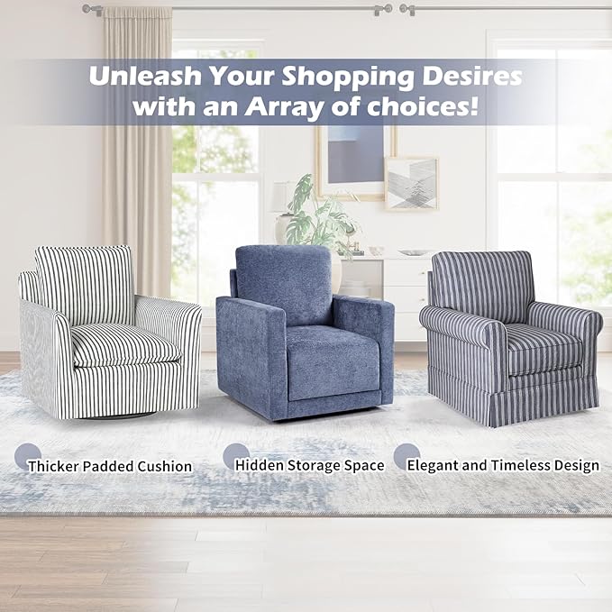 INZOY Swivel Accent Chair, Comfy 360° Swivel Chair with Hidden Storage, Upholstered Chenille Square Chair for Living Room Bedroom Small Spaces, Fully Assembled, Blue