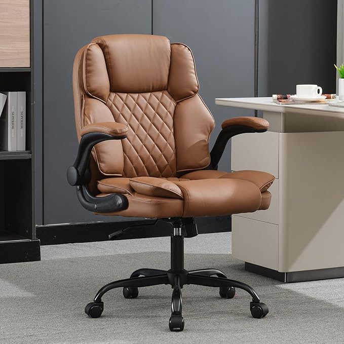 Office Desk Chair,Mid Back Executive Leather Chair,Ergonomic Home Computer Chair,Modern Conference Room Chairs with Adjustable Flip-Up Arms and Rocking Function (Brown)