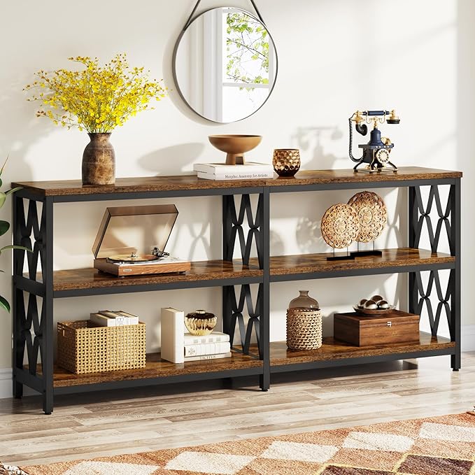 LITTLE TREE Console Table with Storage Shelves, 70.9" Industrial 3-Tier Sofa Table for Living Room, Long Foyer Table Entryway Table for Hallway, Front Door, Entrance, Rustic Brown & Black