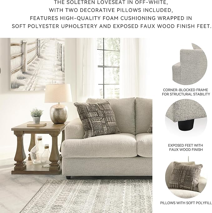 Signature Design by Ashley Soletren Contemporary Chenille Loveseat with 2 Accent Pillows, Off-White