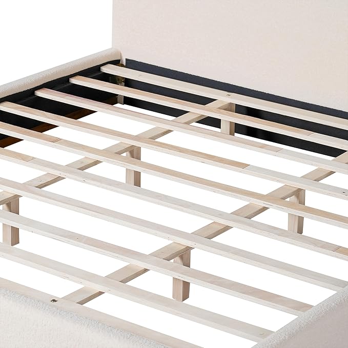 Christopher Knight Home Bettine Boucle Rectangular King Size Headboard, Boucle Headboard and Footboard, Slat Panel Support Platform Bed, Kind Size Bed, No Spring Box Needed, Easy Assembly, White