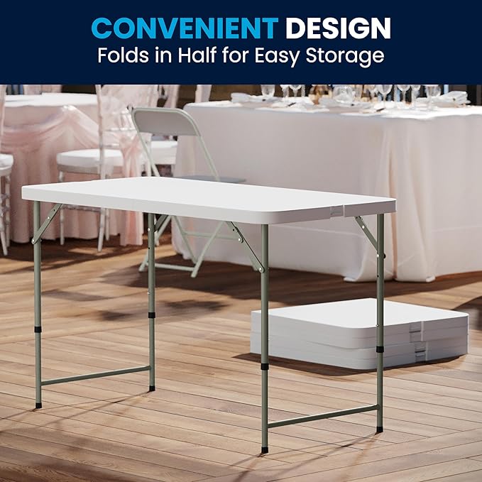 Flash Furniture 4' Rectangular Plastic Folding Event Table with Adjustable Legs and Carrying Handle, Bi-Fold Portable Banquet Table for Indoor/Outdoor Events, White