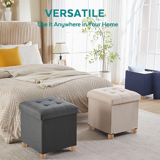 BRIAN & DANY Ottoman with Storage, Square Storage Ottoman for Dorm, Linen Folding Ottoman Foot Stool with Legs for Living Room and Bedroom, 17.7"x17.7"x20" - Blue
