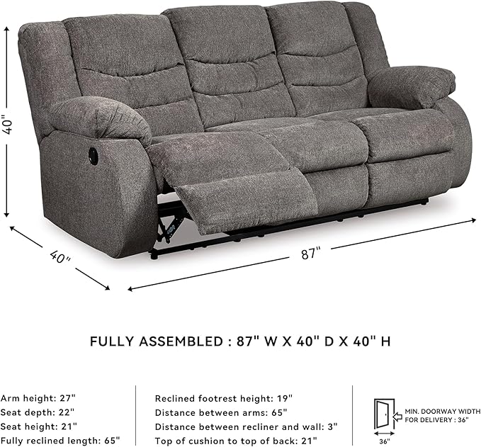 Signature Design by Ashley Tulen Modern Manual Pull Tab Reclining Sofa, Dark Gray