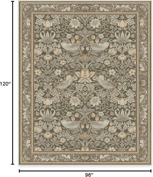 RUGGABLE x Morris & Co Machine Washable Area Rug – Strawberry Thief Stone Gold 8x10, Stain-Resistant, Non-Slip – Large Rugs for Living Room, Bedroom, Hallway, Entryway & Office–with Cushioned Pad