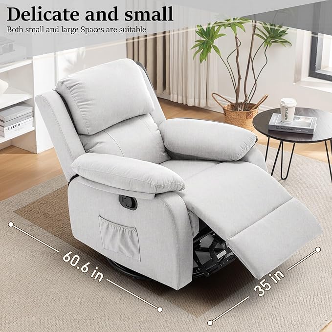 Recliner Chair, 360 Swivel Rocker Chair for Adults, Small Rocking Recliner Chair for Small Spaces, Upholstered Fabric Glider Recliner Nursery with Side Pockets for Nursery, Living Room