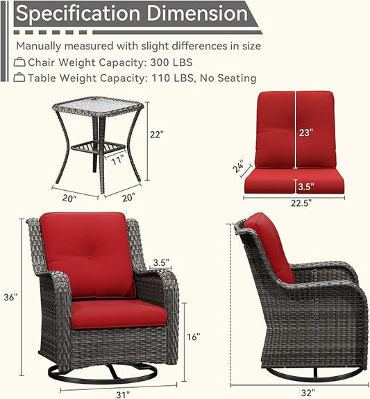 3 Pieces Outdoor Furniture Set - Patio Wicker Swivel Rocker Chair Set of 2 and 1 Side Table, Red, Mixed Brown Rattan, Suitable for Porch, Yard