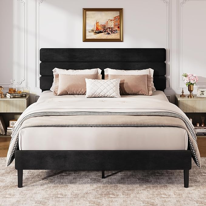 WLIVE Queen Size Upholstered Bed Frame, Velvet Square Tufted Headboard,Sturdy Metal & Wooden Slats Support, No Box Spring Needed, Black