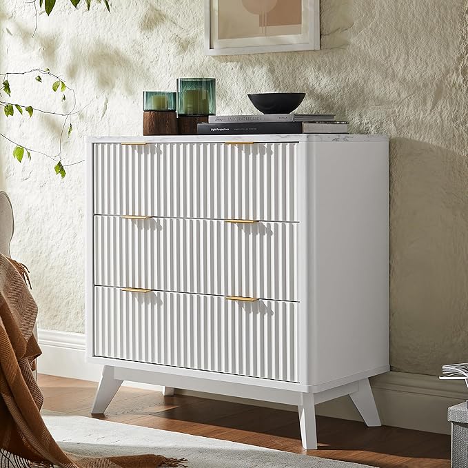 T4TREAM Fluted 3 Drawer Dresser, 32" Tall Modern Chest of Drawers with Faux Marble Top, Curved Profile Design, Wood Drawer Organizer for Bedroom, Living Room, Hallway, Entryway, Solid White