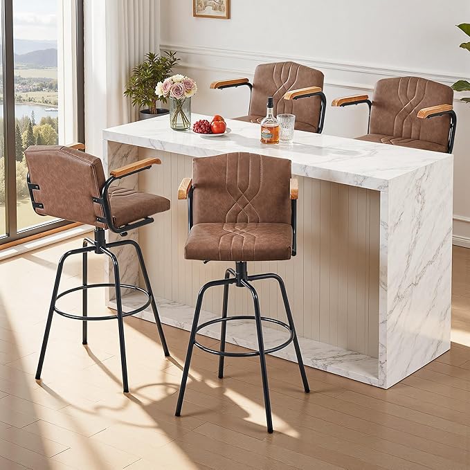 VECELO Bar Stools Set of 2, Swivel Faux Leather Bar Stools with Backs and Footrest, for Kitchen Islands, Dining Counters, Home Bars, Brown