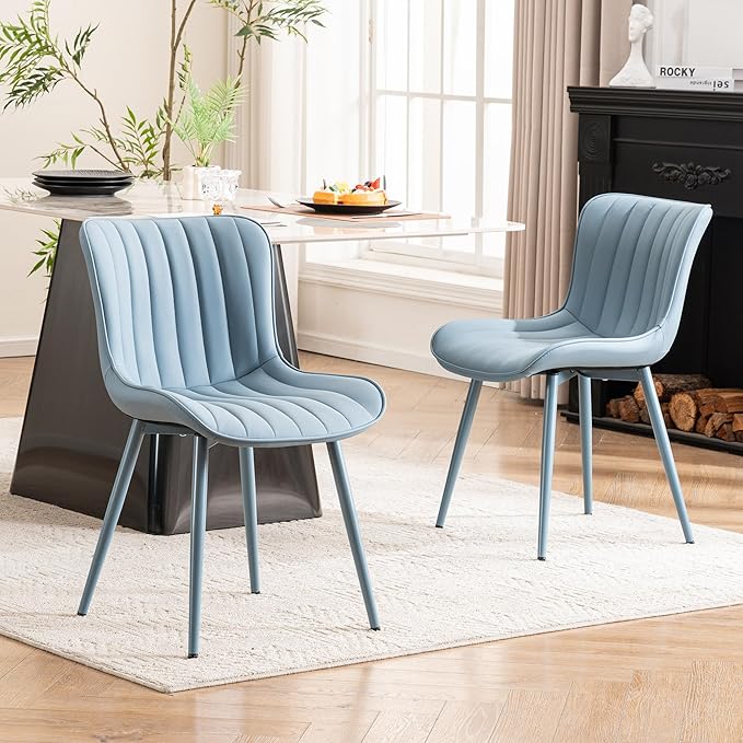 YOUNUOKE Mid-Century Modern Dining Chairs Set of 2, Blue PU Leather Upholstered Kitchen Chairs with Blue Metal Legs, Armless Accent Chair for Dining Room, Guest Reception Room