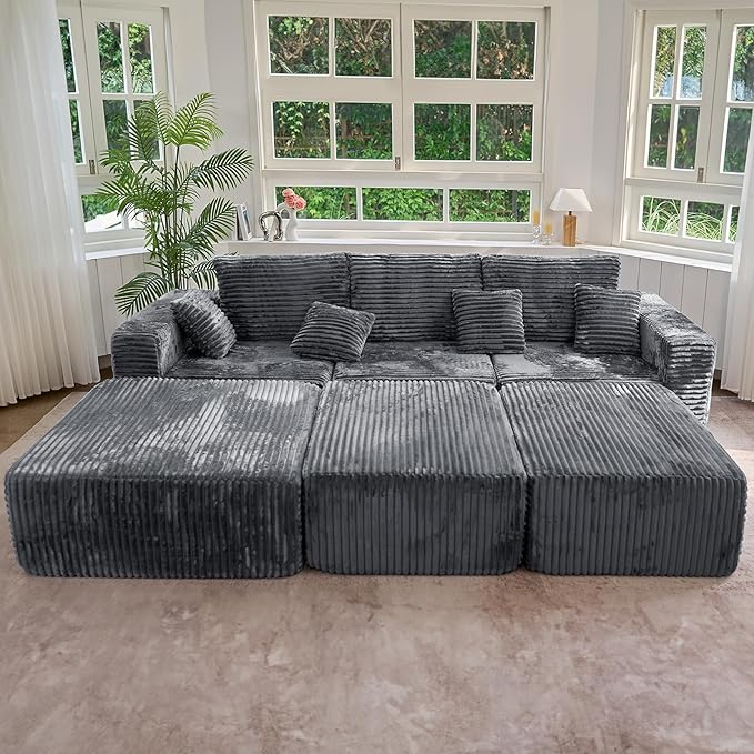 113" Modular Sectional Sofa Bed, Convertible Cloud Couches for Living Room with Ottoman, 6 Seater Corduroy Boneless Couch Sleeper Sofa Set, No Assembly Required, Grey 1 PCS