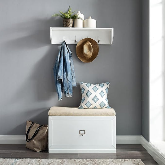 Crosley Furniture Harper 2-Piece Entryway Set with Shoe Rack Storage Bench and Wall Shelf with Coat Hooks, White