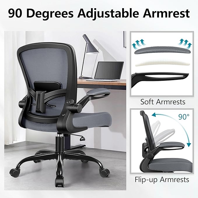 FelixKing Office Chair, Ergonomic Desk Chair Breathable Mesh Chairs Adjustable High Back Lumbar Support Flip-up Armrests, Executive Rolling Swivel Comfy Computer Chairs Home Office Dark Gray