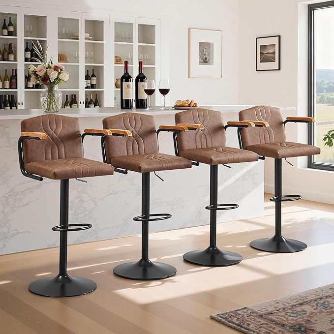 VECELO Bar Stools Set of 2, Adjustable & Swivel Faux Leather Bar Stools with Backs and Footrest, for Kitchen Islands, Dining Counters, Home Bars, Brown