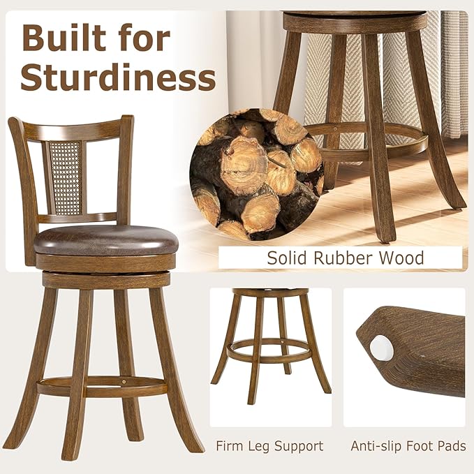 COSTWAY Counter Height Barstools Set of 2, 25” Solid Rubber Wood Swivel Counter Chairs with Faux Leather Seat, Curved PE Rattan Back, for Living Room & Kitchen Island, Brown (2, 25” Seat Height)