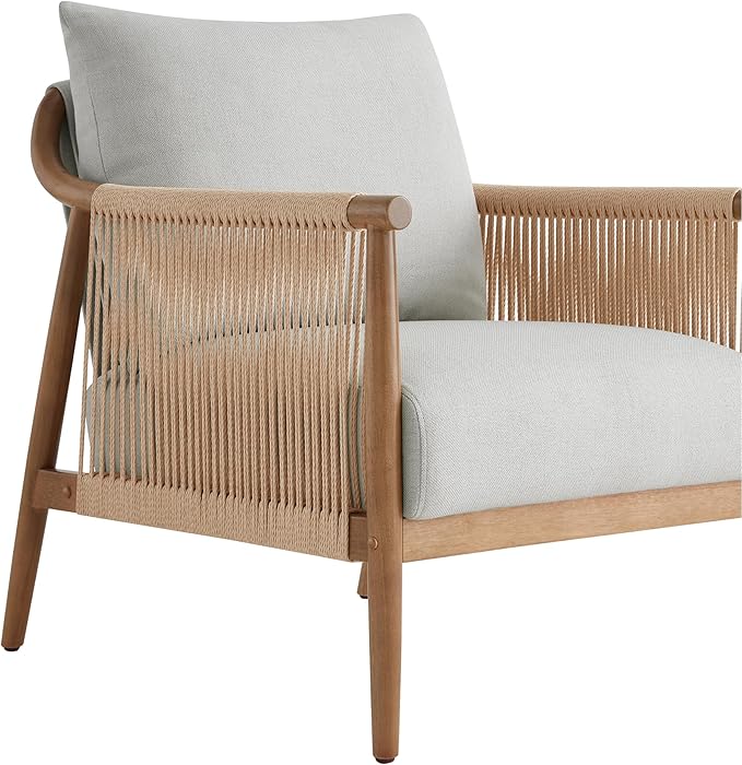 CHITA Braid Accent Chair Set of 2, Modern Armchair with Solid Wooden Armrest for Living Room and Bedroom, Boho Reading Chair, Light Grey