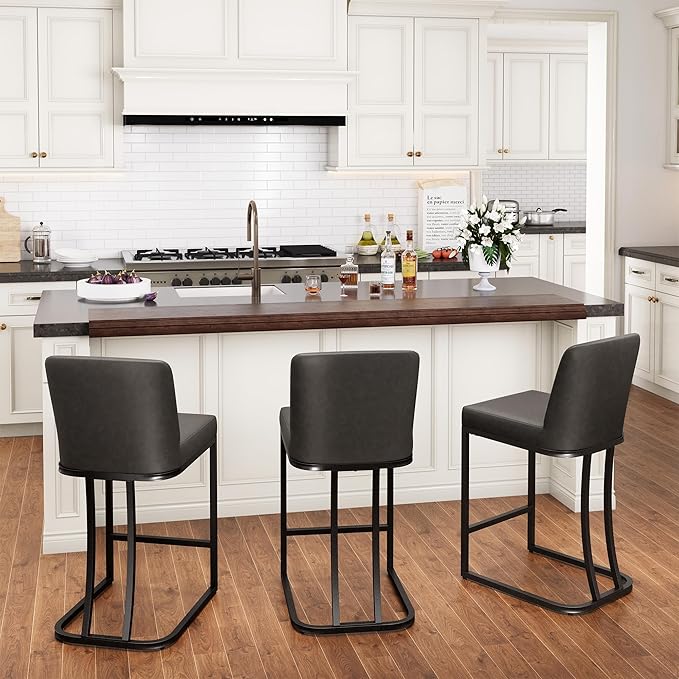 PHI VILLA Dark Grey Bar Stools Set of 3, Faux Leather Counter Height Chairs, Kitchen Stools for Island, 24 Inch Barstools with Back