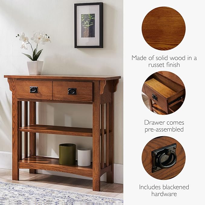 Leick Home Mission Impeccable Bookshelf, Solid Wood, 2 Drawers, 2 Shelves, Slatted Sides, Blackened Hardware, Easy Assembly, Russet Brown, 12 in D x 34 in W x 30 in H, Item 8261
