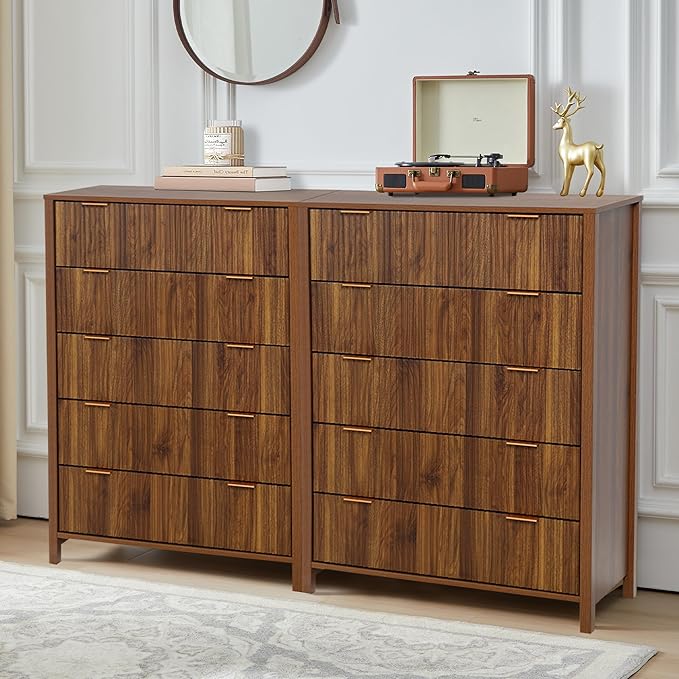 5 Drawer Double Dresser for Bedroom, Modern Wide Chest of Drawers with Fluted Panel Design,Wood Storage Dressers Chest of Drawers for Bedroom Living Room Hallway Closet,Walnut,2 Sets