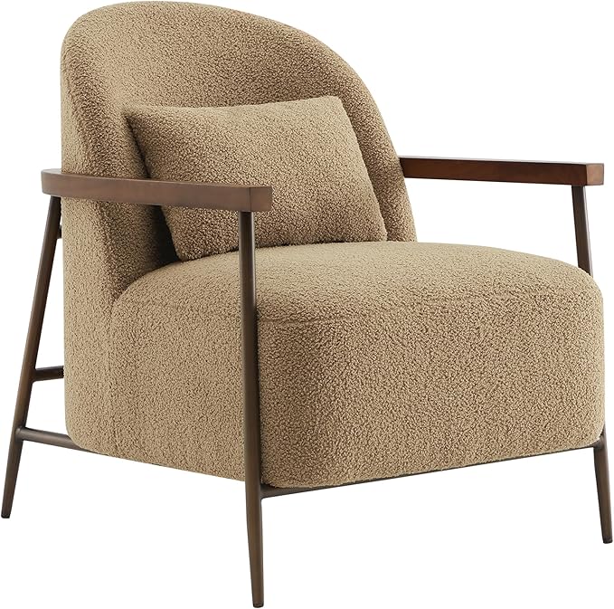 CHITA Accent Chair for Living Room, FSC Certified Modern Upholstered Faux Sherpa Fabric Armchair with Metal Frame and Wooden Armrests, Camel