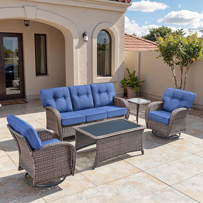 5-Piece Rotating Balcony Chair Set with 31-inch T-Shaped Wide backrest - Rattan Outdoor Rotating Balcony Chairs, Wide backrest Comfortable Outdoor Sliding Chair - Brown | Blue
