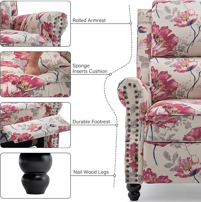 Recliner Chair, Modern Pushback Armchair with Adjustable Backrest & Footrest for Bedroom, Living Room (Pattern Floral,Set of 1)